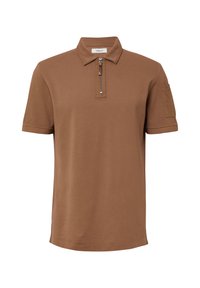 Braunes Polo-Shirt aus glattem Stoff, mit einem Reißverschlusskragen, kurzen Ärmeln und einer aufgesetzten Tasche am linken Arm.