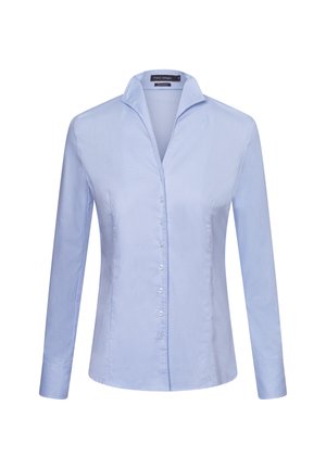Light blue long-sleeve button-up shirt with a pointed collar, featuring a textured fabric and six white buttons down the front.