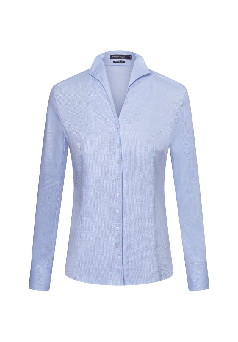 Light blue long-sleeve button-up shirt with a pointed collar, featuring a textured fabric and six white buttons down the front.