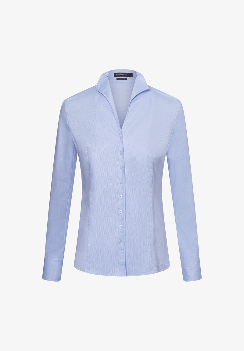 Light blue long-sleeve button-up shirt with a pointed collar, featuring a textured fabric and six white buttons down the front.