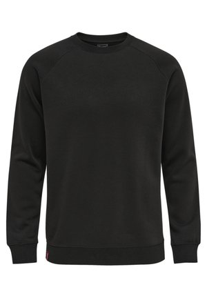 Zwarte sweatshirt van zacht materiaal, met een ronde hals, lange raglanmouwen en een geribde zoom met een klein merklabel.