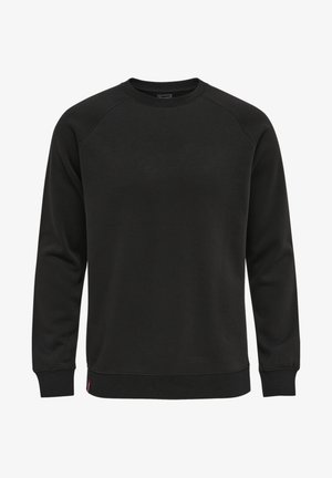 Schwarzes Sweatshirt aus weichem Stoff, mit einem Rundhalsausschnitt, langen Raglanärmeln und einem gerippten Saum mit einem kleinen Markenschild.