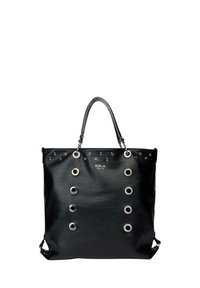 Sac fourre-tout en cuir noir avec des détails en œillets argentés, doubles poignées et le logo "REPLAY SINCE 1981" centré près du haut.