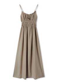 Abito lungo in tessuto beige con spalline regolabili, corpetto arricciato e gonna fluida. Presenta un collo raccolto con dettaglio a fiocco.