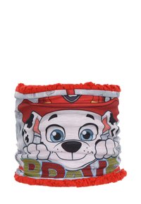 Tubo di tessuto rosso e grigio con un cane cartone animato con grandi occhi blu, sorridente, e la parola "BRAVE" in lettere colorate nella parte inferiore.