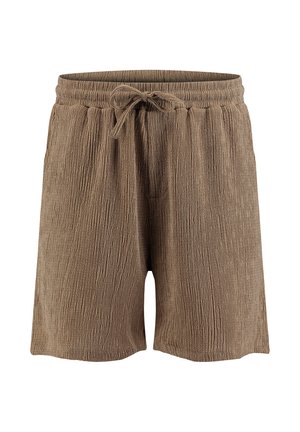 Pantalones cortos de tela marrón texturizada con cintura elástica y cordón delantero atado, mostrados sobre un fondo blanco.