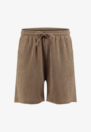 Shorts en tissu marron texturé avec taille élastique et cordon noué à l'avant, présentés sur fond blanc.
