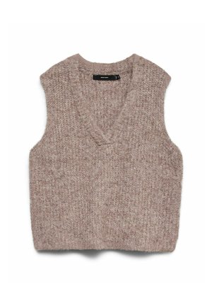 Chaleco de lana en marrón claro con escote en V, diseño sin mangas, superficie texturizada y bordes acanalados. Ideal para llevar en capas en climas frescos.