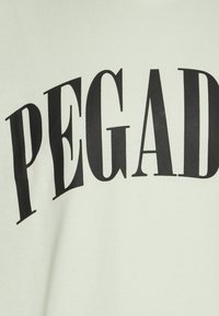 Vaaleanvihreä puuvillainen t-paita, jossa on suuri musta teksti "PEGAD" paksulla, kaartuvalla fontilla. Sileä pinta, rento tyyli.