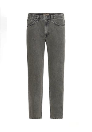 Grå denimjeans med rak passform, fem-fickorsdesign och en subtil sliten textur. Utrustade med en framknäppning.