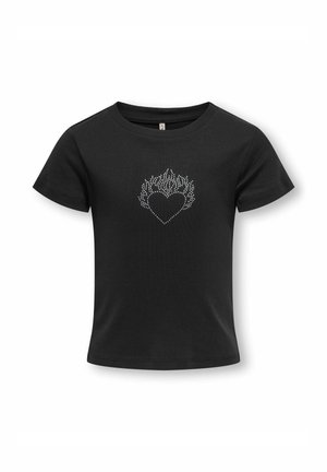 T-shirt nera a maniche corte con scollo rotondo, con un disegno a cuore borchiato argento con fiamme sul petto.