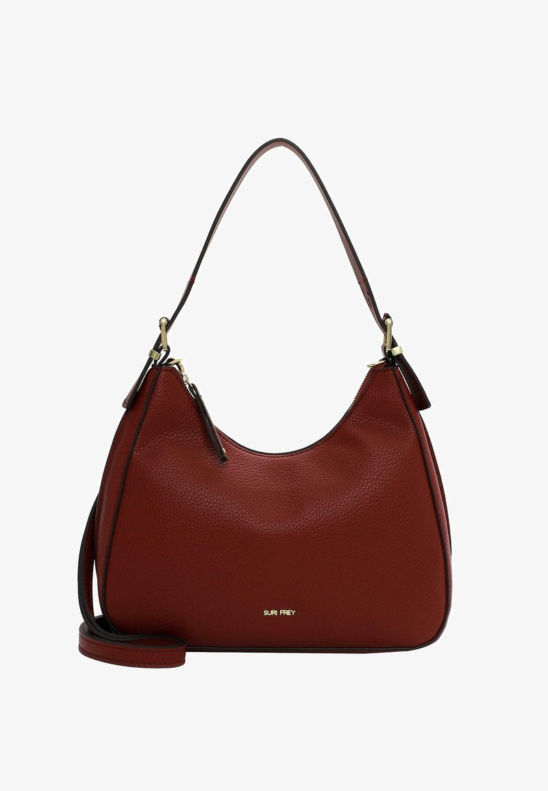 Rode handtas van korrelleer leer met een gebogen vorm, gouden accenten en een verwijderbare schouderriem. Heeft een handvat aan de bovenkant en een ritssluiting.