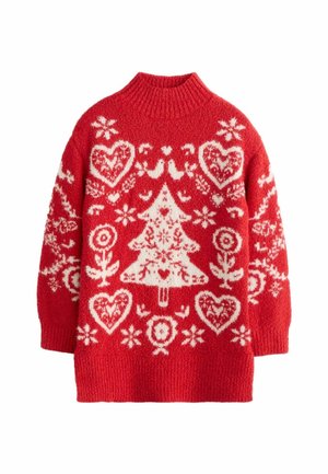 Pull rouge en maille avec motifs blancs de sapin de Noël, cœurs, oiseaux, fleurs et flocons de neige. Col, poignets et ourlet côtelés.