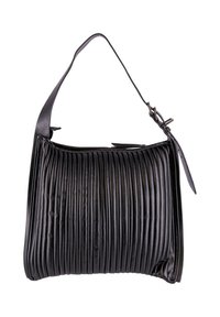 Borsa in pelle nera con pieghe orizzontali, una singola tracolla regolabile e chiusura con zip nella parte superiore. Texture liscia e forma strutturata.