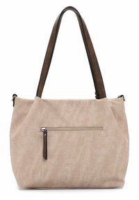 Sac fourre-tout en tissu beige avec des poignées en cuir synthétique marron. Il est doté d'une poche zippée à l'avant et d'une surface douce et texturée.
