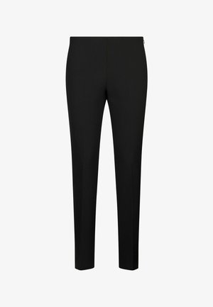 Czarne, dopasowane spodnie uszyte z gładkiej tkaniny, o wąskim kroju, prostych nogawkach i dyskretnej bocznej zamknięciu na zamek.