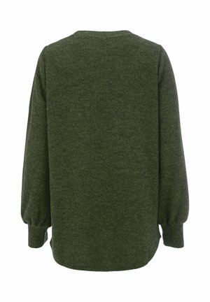 Dunkelgrüner, strukturierter Strickpullover mit langen Ärmeln, runder Halslinie und seitlichen Schlitzen am Saum für eine lässige Passform.