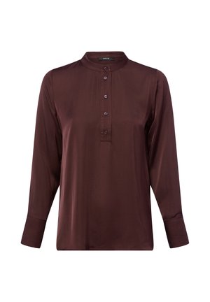 Bordeauxrotes langärmliges Hemd mit Stehkragen, durchgehender Knopfleiste und glatter Stoffstruktur. Verfügt über ein minimalistisches Design und einfache Akzente.