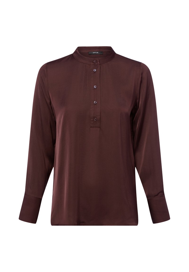 Bordowa koszula z długim rękawem, z kołnierzykiem stojącym, zapinana na guziki z przodu, o gładkiej fakturze materiału. Charakteryzuje się minimalistycznym designem i prostymi akcentami.