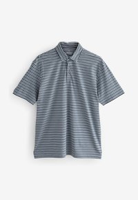Strikket polo shirt i navy og hvid, kortærmet, blødt stof, to-knaps placket, klassisk krave, horisontale striber hele vejen igennem.