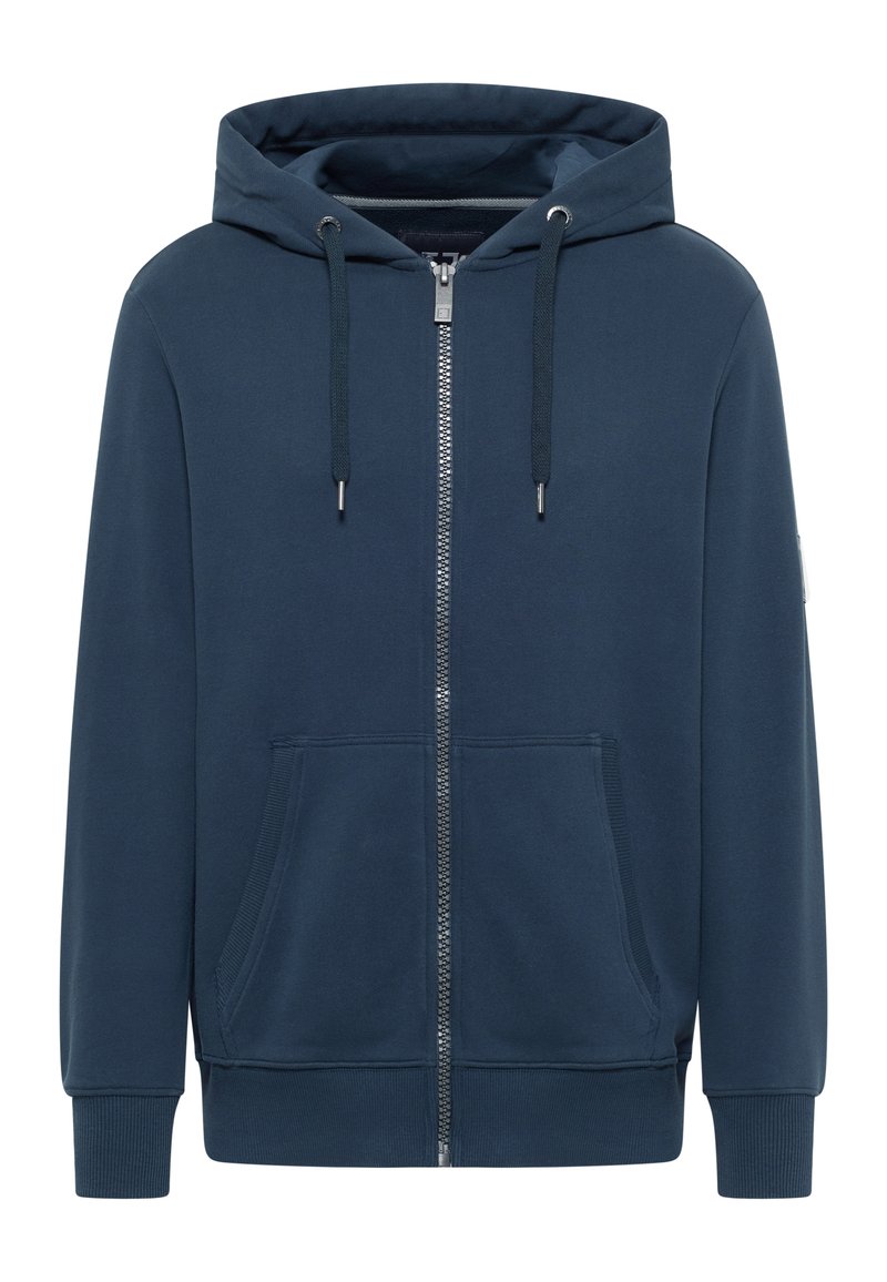 Navyblaue ZIP-Hoodie aus weichem Material, mit einer verstellbaren Kapuze, vorderen Taschen und gerippten Bündchen für einen engen Sitz.