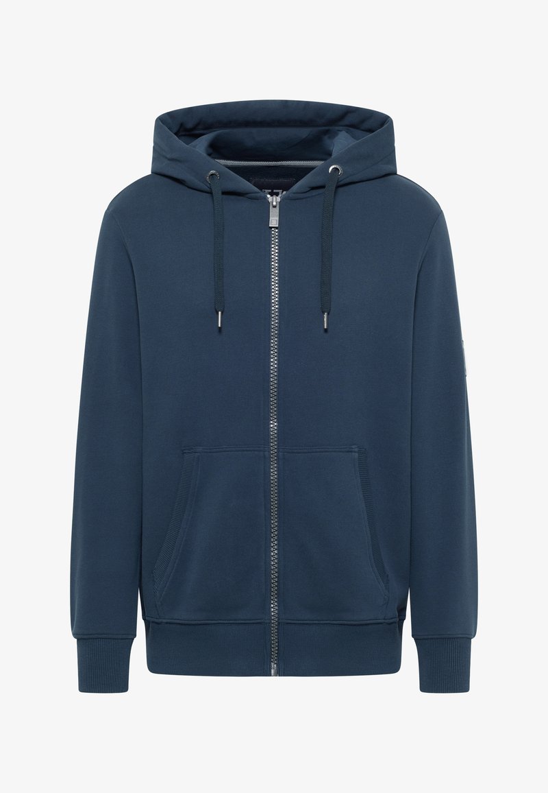 Navyblaue ZIP-Hoodie aus weichem Material, mit einer verstellbaren Kapuze, vorderen Taschen und gerippten Bündchen für einen engen Sitz.