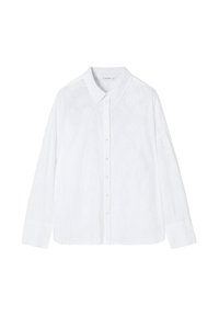 Chemise blanche à manches longues avec un col à boutons, présentant des motifs de feuilles texturés. Fabriquée en tissu respirant, légèrement ample.