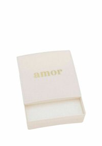 Caja rectangular blanca brillante con tapa curvada, que presenta la palabra "amor" en letras doradas en la parte frontal. El interior es simple y blanco.