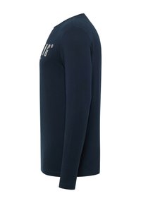 Marineblaues Langarmshirt aus Baumwolle mit Rundhalsausschnitt und bedrucktem Logo auf der Vorderseite. Glatte Textur, taillierte Passform.