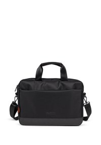 Borsa per laptop nera realizzata in tessuto resistente, dotata di due manici superiori, una tracolla staccabile e una tasca frontale. Dettaglio del logo discreto.