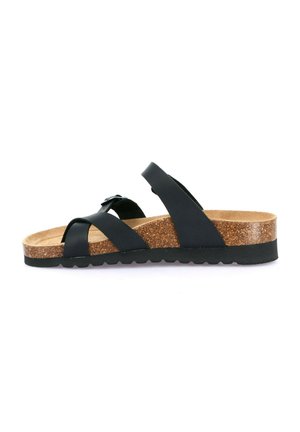 Sandal in nero senza chiusura con fasce incrociate, sottopiede in sughero e suola in gomma. Sottopiede testurizzato per il comfort, design piatto, stile casual.
