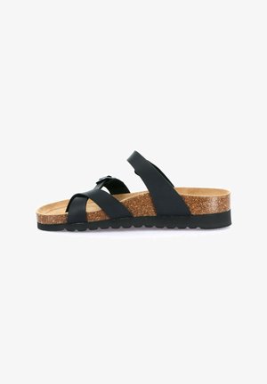 Sandal in nero senza chiusura con fasce incrociate, sottopiede in sughero e suola in gomma. Sottopiede testurizzato per il comfort, design piatto, stile casual.