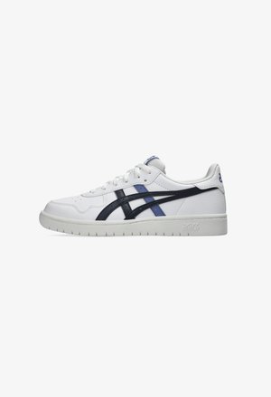 Hvide lædersneakers med marineblå og blå accenter. Har en rund tå, flade snørebånd og en struktureret gummisål med perforeringer.
