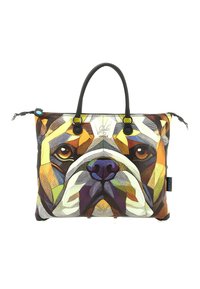 Borsa a tracolla multicolore con motivo geometrico di un bulldog, realizzata in materiale strutturato con manici in pelle nera e chiusura a cerniera.