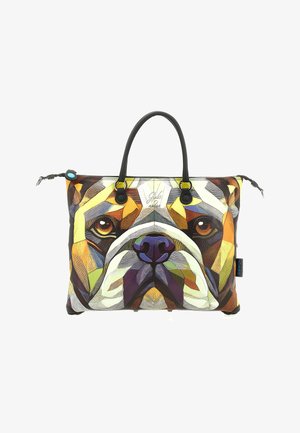 Borsa a tracolla multicolore con motivo geometrico di un bulldog, realizzata in materiale strutturato con manici in pelle nera e chiusura a cerniera.