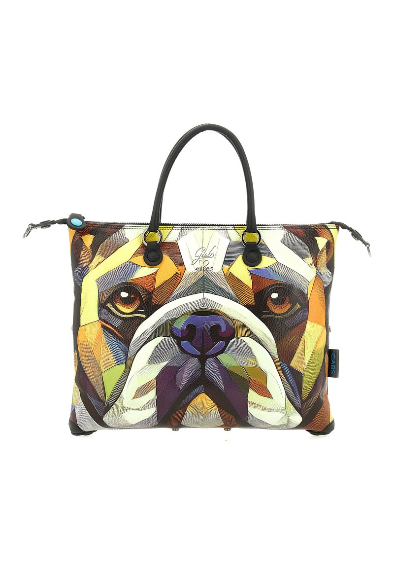 Borsa a tracolla multicolore con motivo geometrico di un bulldog, realizzata in materiale strutturato con manici in pelle nera e chiusura a cerniera.