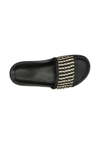 Sandale noire avec une bride tressée noire et beige, semelle intérieure en cuir lisse et forme simple et arrondie.