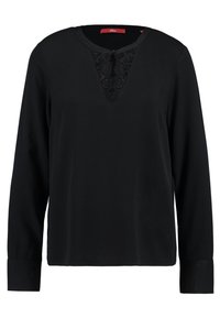 Blusa nera a maniche lunghe con scollatura a V e dettaglio in pizzo sul petto, caratterizzata da una texture liscia e polsini sartoriali.