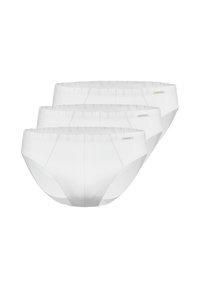 Trois paires de sous-vêtements blancs présentant une texture rayée, un design taille haute, une ceinture élastique et un petit logo sur le côté.