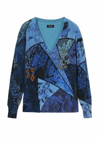 Maglione a motivo blu con scollatura a V, caratterizzato da diverse trame e disegni floreali in tonalità di blu, nero e arancione. Maniche lunghe.