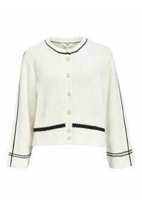 Cardigan bianco a coste con scollatura rotonda, bottoni frontali, strisce nere lungo le maniche e l'orlo, e un design corto.