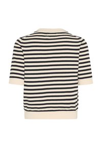 Striped knit top featuring navy and cream horizontal stripes, short sleeves, and a ribbed neckline with side slits. Soft texture.