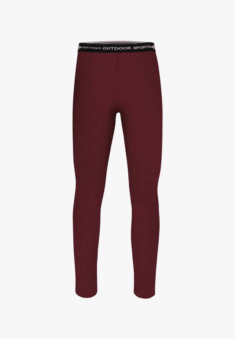 Bordeauxrote Sportleggings mit enger Passform, aus elastischem Material gefertigt. Verfügt über einen schwarzen Bund mit dem Schriftzug "OUTDOOR SPORTS".