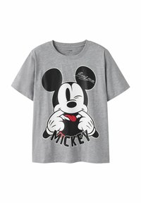 Siva majica s kratkimi rokavi z velikim grafičnim prikazom Mickey Mouse v črno-beli barvi, z rdečim jezikom in napisom "Mickey Mouse" spodaj.