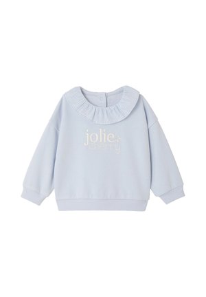 Hellblauer Sweatshirt für Kleinkinder mit gerafftem Kragen, gerippten Bündchen und dem aufgedruckten Text "jolie cherry" auf der Vorderseite.