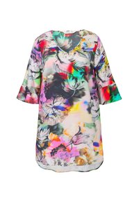 Blomsterblus i lätt och genomskinlig tyg. Klara färger med en blandning av rosa, grönt och gult blommönster. V-ringning och utsvängda ärmar.