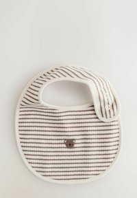 Cotton bib with cream and brown stripe pattern, rounded shape, snap closure, and a small embroidered bear in the center.