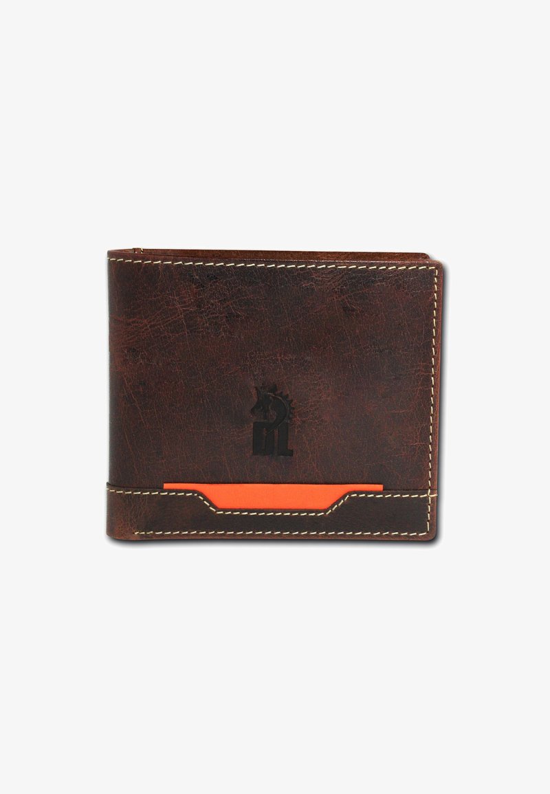 Bruine leren portemonnee met een gestructureerde afwerking, crèmekleurige stiksels en oranje accent. Beschikt over een logo dat aan de voorkant is geperst en een vak voor kaarten.