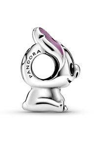 Charm in argento di Pandora a forma di coniglio, con un orecchio in smalto rosa, apertura circolare, corpo arrotondato e dettagliate caratteristiche facciali. Logo inciso visibile.