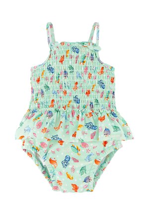 Bañador para bebé en verde menta con cuerpo fruncido, falda con volantes y patrones coloridos de criaturas marinas que incluyen peces, tortugas y pulpos.